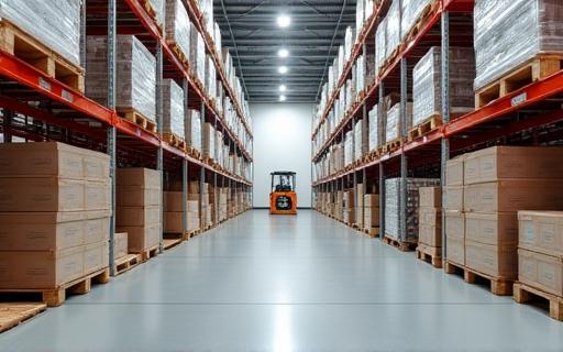 Innenansicht eines modernen Logistiklagers mit gestapelten Paletten